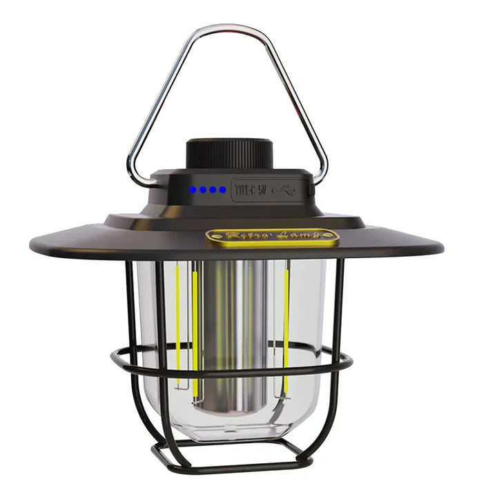 Vintage-style rechargeable LED lantern, offering bright, portable outdoor light for camping & retro ambiance.