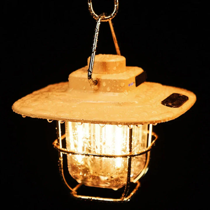 Easy-to-use rechargeable LED camping lantern with a retro look, providing portable, reliable outdoor light.