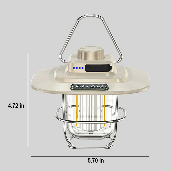 Energy-efficient LED camping lantern, retro style, rechargeable, and portable for all outdoor light needs.