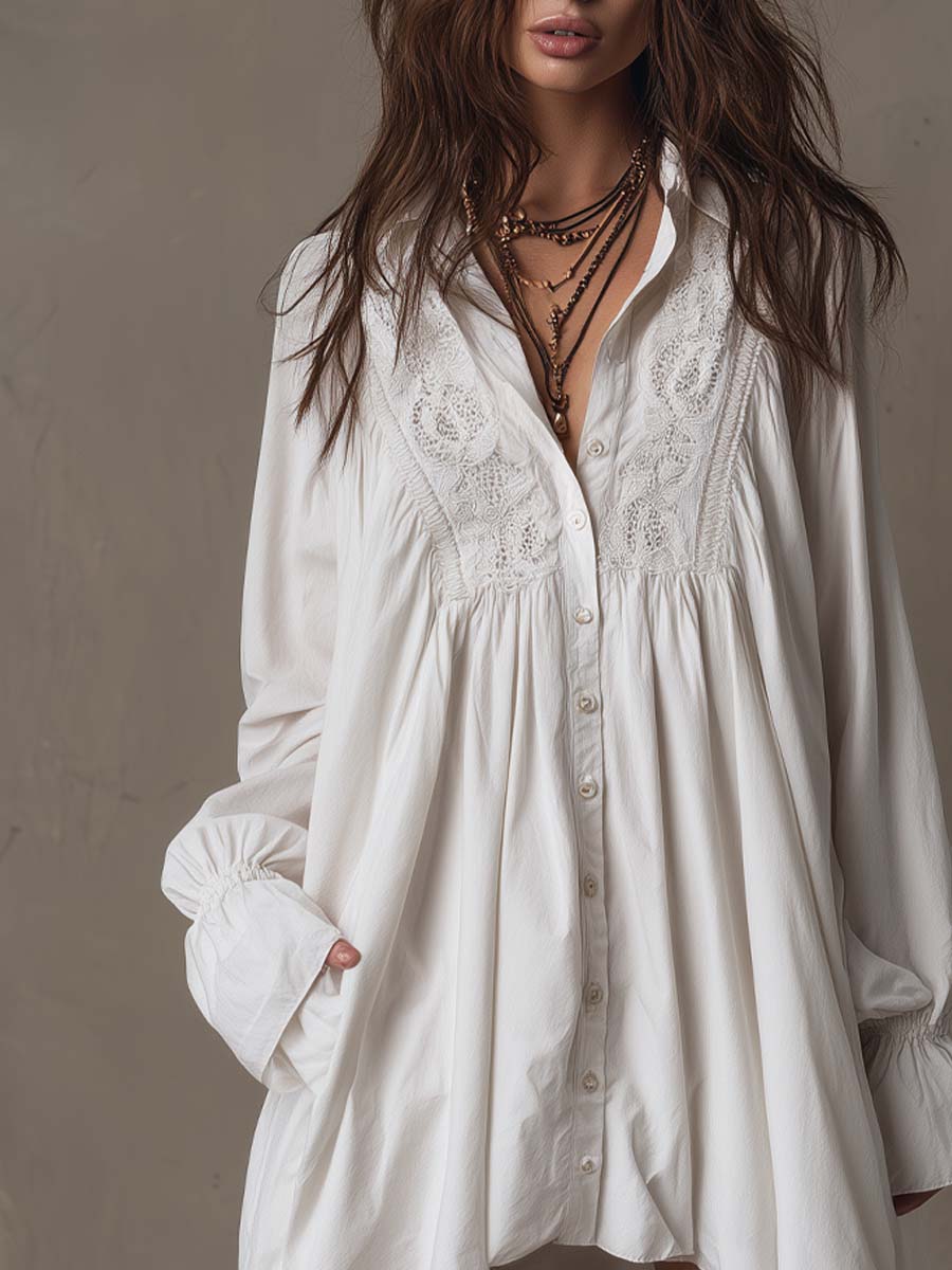 Women's retro white long-sleeve mini dress, featuring a chic irregular hem. Great for parties, evening, or casual autumn looks.