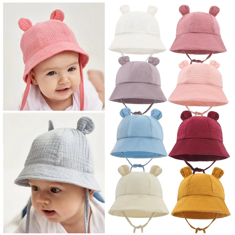 Khaki heart print reversible cotton baby bucket hat, soft and comfortable for sun.