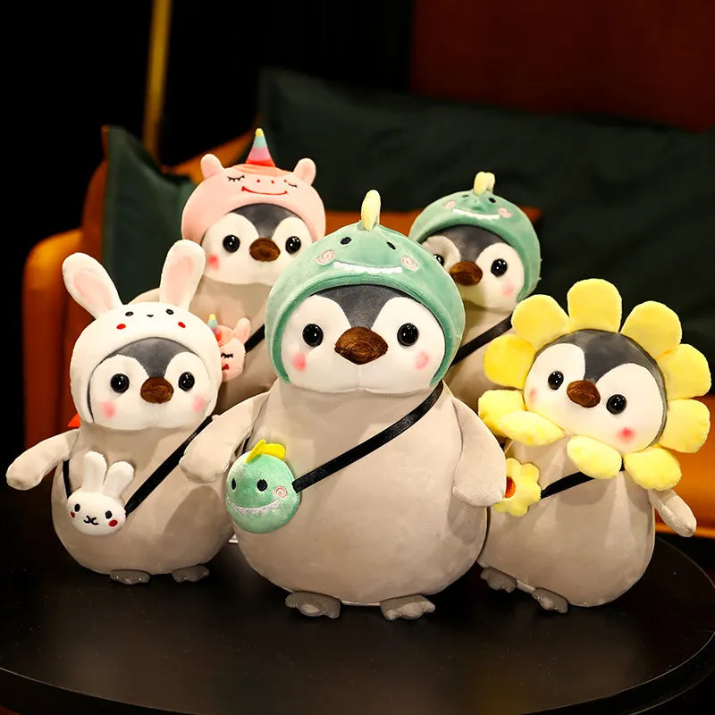 Interactive reversible plush toy, charming penguin and fierce dinosaur characters.