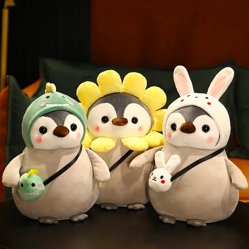 Cute penguin plush toy that flips to reveal a green dinosaur, 2-in-1 kids' gift.