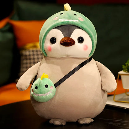 Dual-sided stuffed animal, a fluffy penguin toy that reverses into a dinosaur toy.