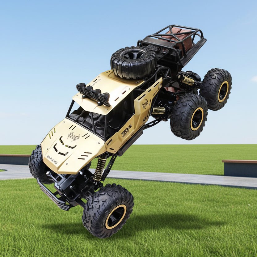 ROCKSTRIKER 6x6 RC Truck tackling rough terrain, showcasing its powerful off-road capabilities.