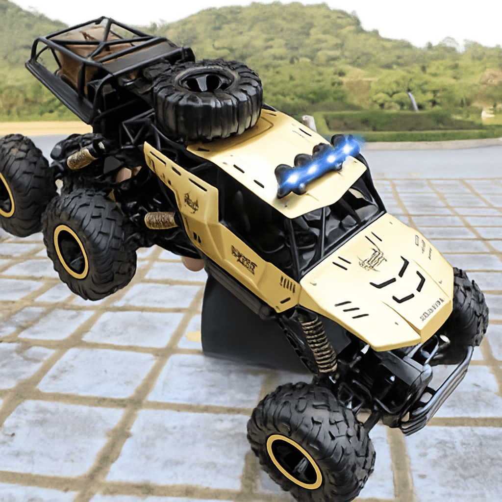 Powerful ROCKSTRIKER 6x6 RC truck navigating obstacles, highlighting its robust design.