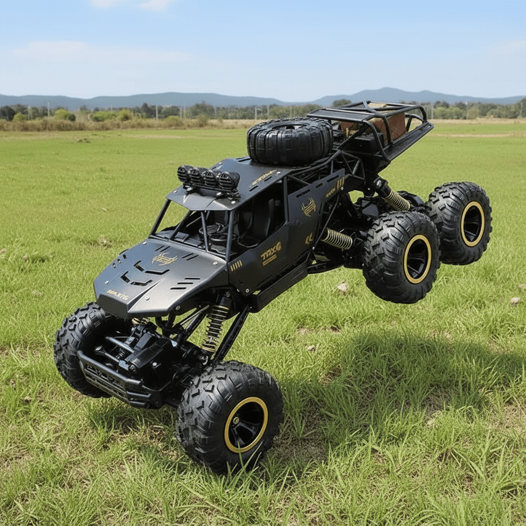 Action shot of a ROCKSTRIKER 6x6 RC truck driving through mud, proving its all-terrain prowess.