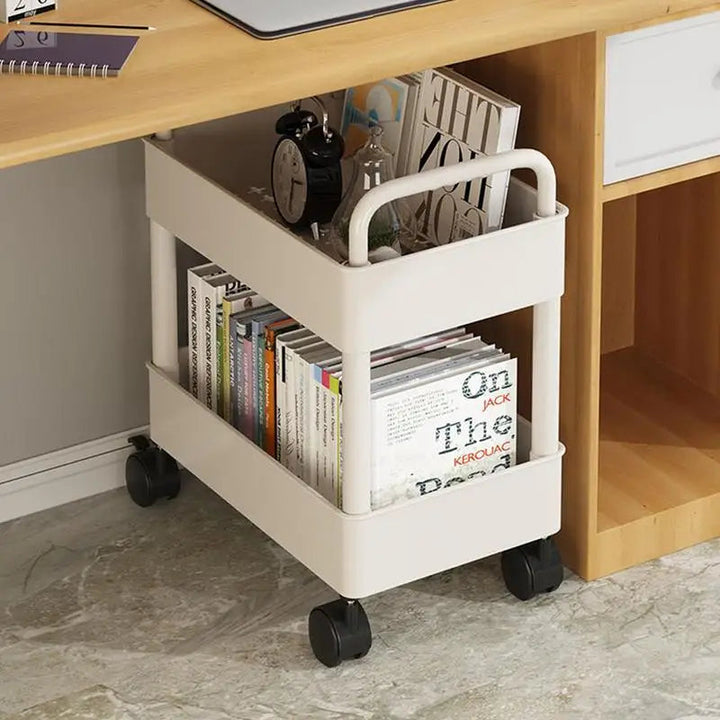 Rolling 2-tier bookshelf cart for home & office. Mobile storage for books, files & supplies.