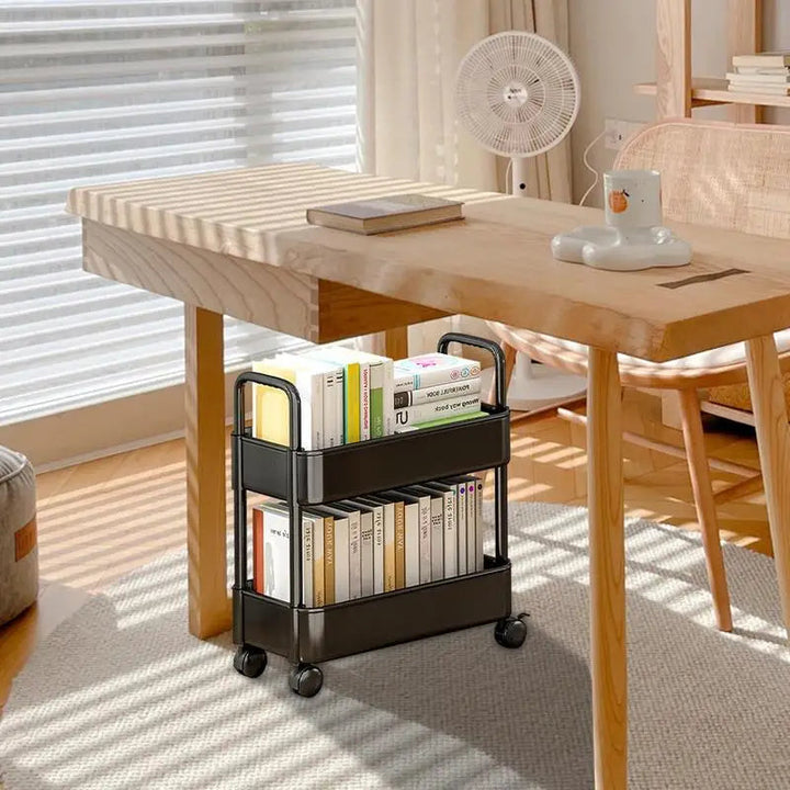 Portable 2-tier rolling storage cart with shelves & pen holder for books & office supplies.