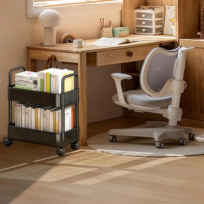 White rolling 2-tier bookshelf cart, perfect for home office organization & small spaces.