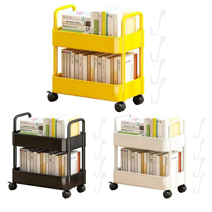 Black 2-tier mobile storage cart. Portable book organizer with shelves & pen holder for study.