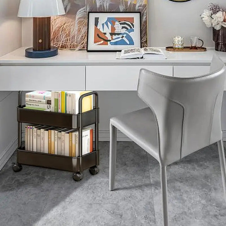 Rolling 2-tier storage cart, a portable book organizer & study solution for home & office organization.