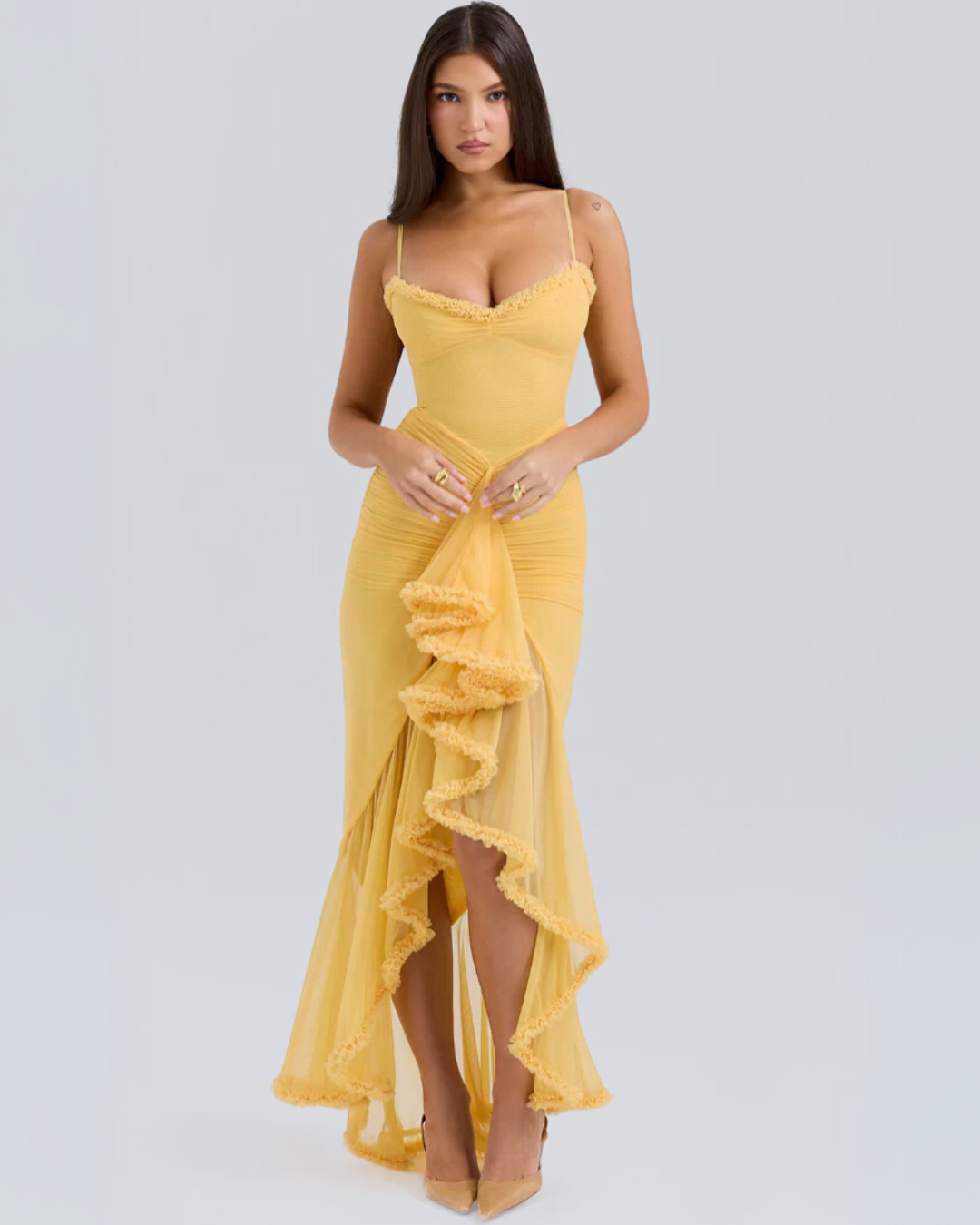 Romantic ruffle formal gown for women, perfect for elegant evening events & special occasions.