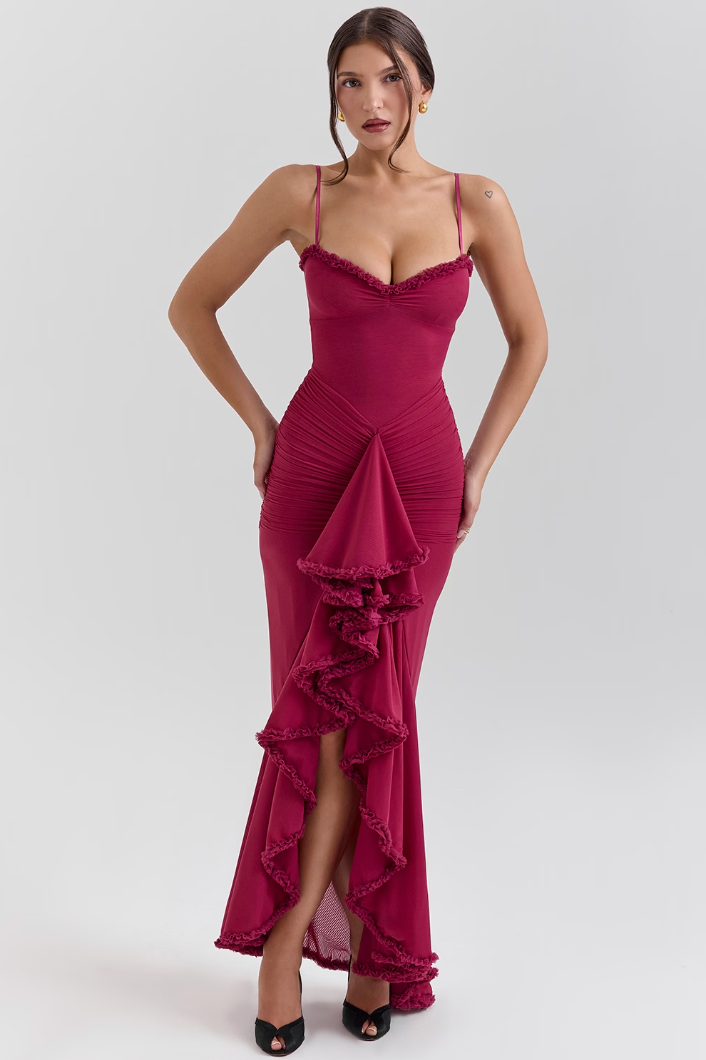 Stylish women's elegant formal gown with romantic ruffles. Ideal for special occasions & parties.