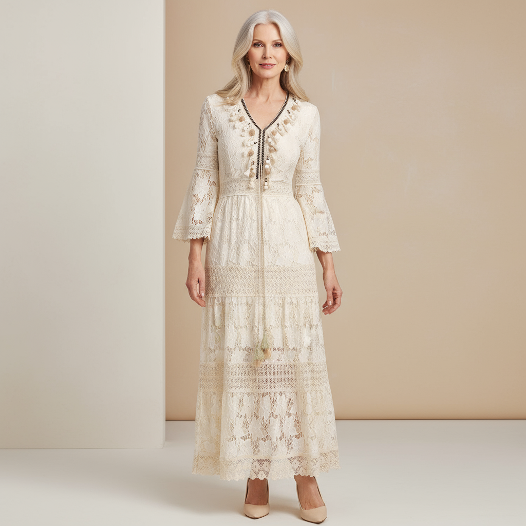 Romantic women's boho lace maxi dress, perfect for summer beach vacations & elegant special occasions.