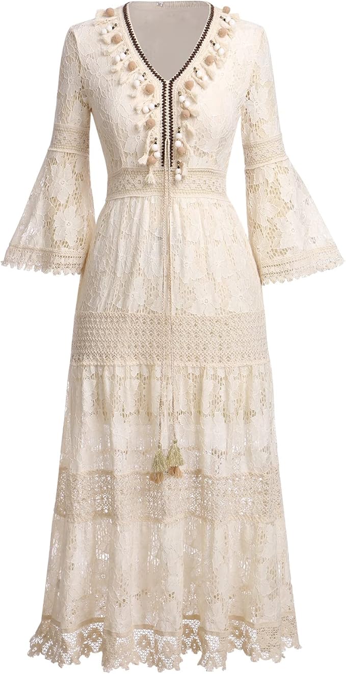 Elegant white boho lace maxi dress, flowy & feminine, ideal for summer parties or a beach wedding.