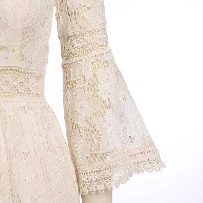 Beautiful beige lace maxi dress with romantic bohemian style, perfect for vacations & special events.