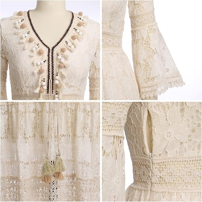 Flowy women's boho maxi dress with delicate lace details, comfortable & elegant for any summer occasion.