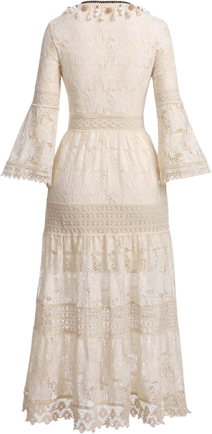 Chic white boho lace maxi dress, ideal for beach weddings, summer parties, or romantic vacation photos.