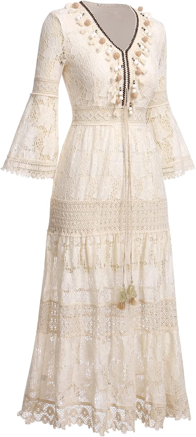 Feminine bohemian lace maxi dress, elegant and airy, perfect for a romantic summer or resort wear.