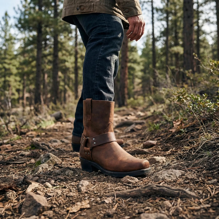 Rugged men's classic cowboy boots in western style with durable leather and block heel, ideal for everyday wear.