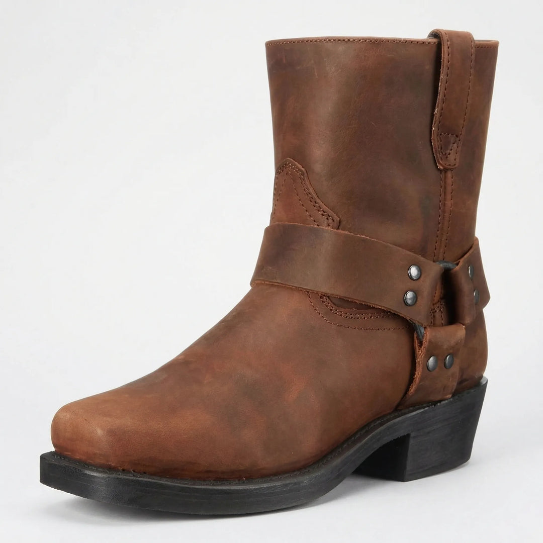Allan classic men's cowboy boots, slip-on western style with studded details, sturdy block heel, and durable leather.