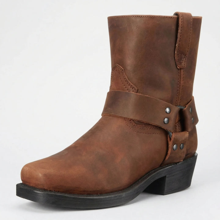 Allan classic men's cowboy boots, slip-on western style with studded details, sturdy block heel, and durable leather.
