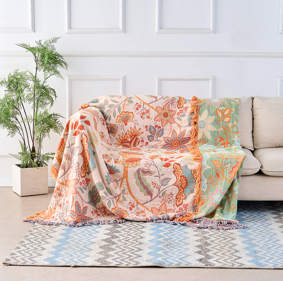 Rustic floral boho cotton blanket for home decor. Soft & decorative throw.