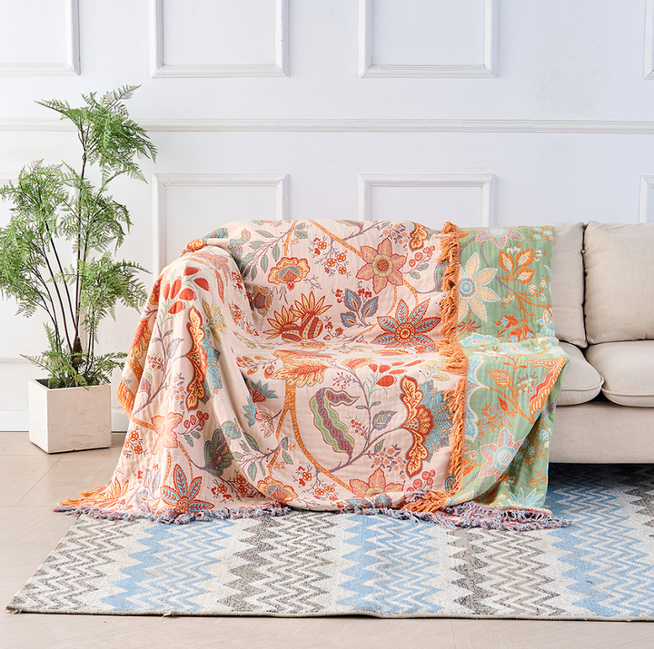 Rustic floral boho cotton blanket for home decor. Soft & decorative throw.