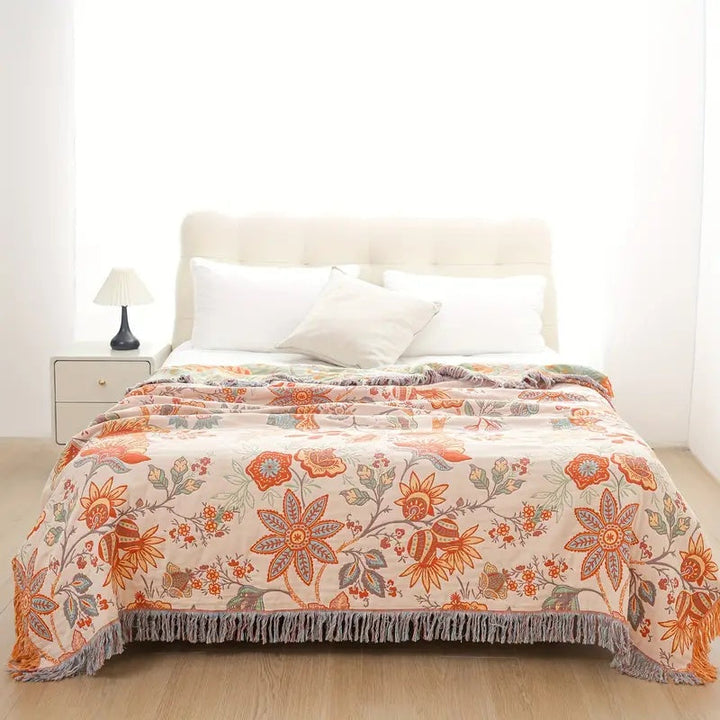 Bohemian floral cotton blanket, a rustic boho decor gift idea. Soft & stylish throw.