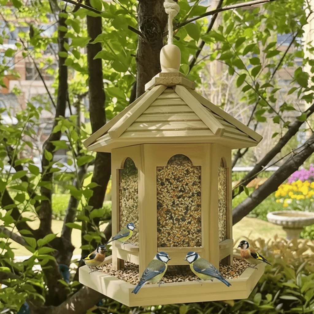Rustic handmade wooden birdhouse with integrated water system, perfect for garden wildlife.