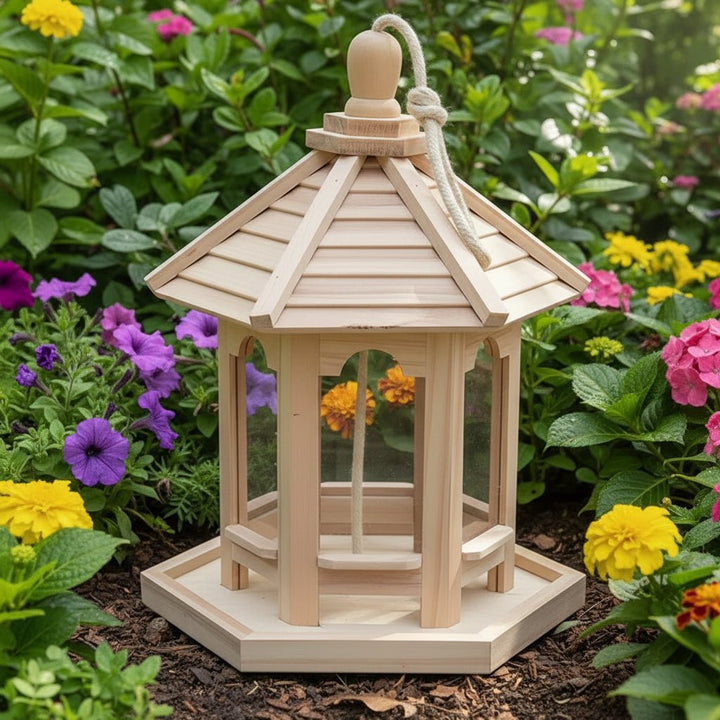 Charming wooden birdhouse featuring a built-in bird bath, ideal for garden and outdoor bird feeding.