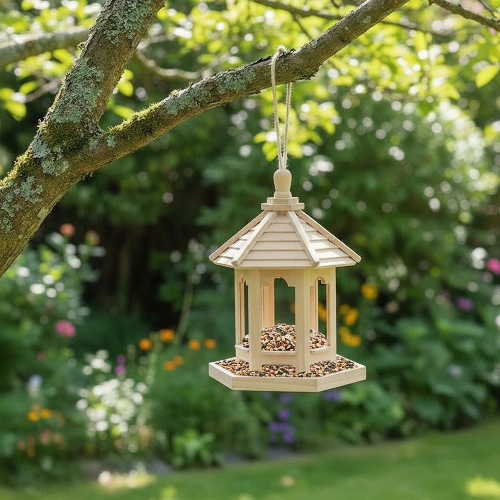 Durable wooden birdhouse and feeder combo with a water system, attracting birds to any garden.