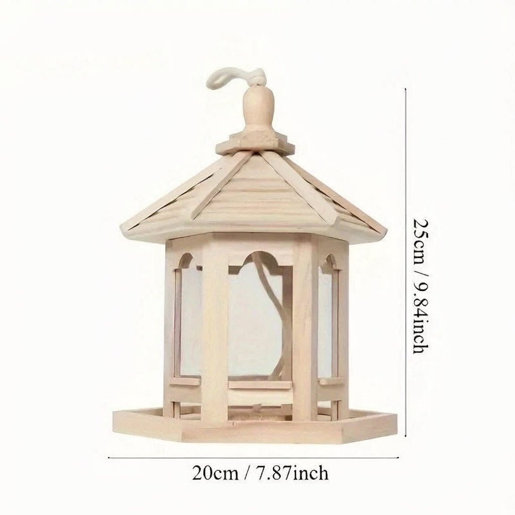 Eco-friendly handmade wooden birdhouse, perfect for attracting birds with its integrated water dish.