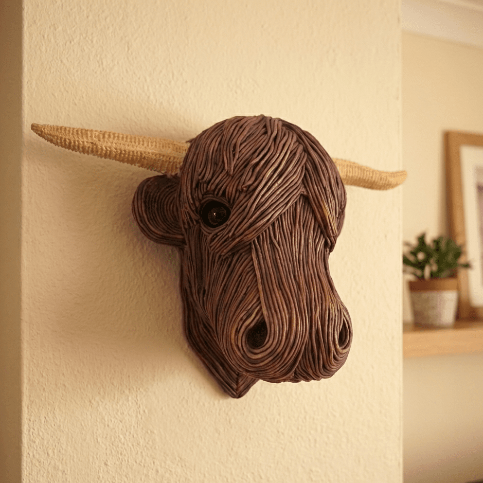 Rustic Highland Cow wall art sculpture, perfect for farmhouse or countryside home decor.