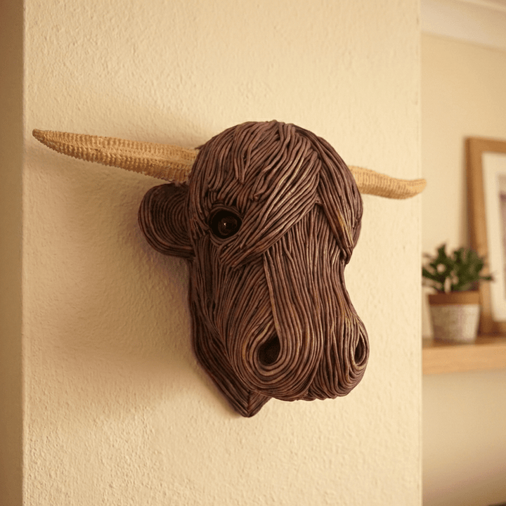 Rustic Highland Cow wall art sculpture, perfect for farmhouse or countryside home decor.