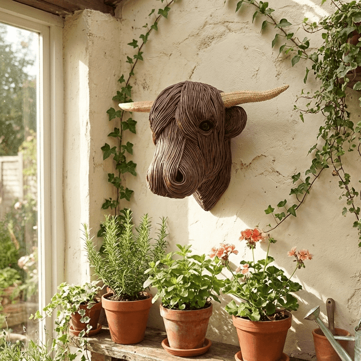 Farmhouse style Highland Cow wall art sculpture, bringing rustic charm to any home or office decor.