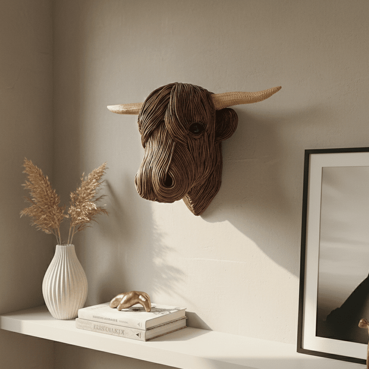 Charming rustic Highland Cow wall sculpture, unique animal art piece for countryside-inspired home decor.