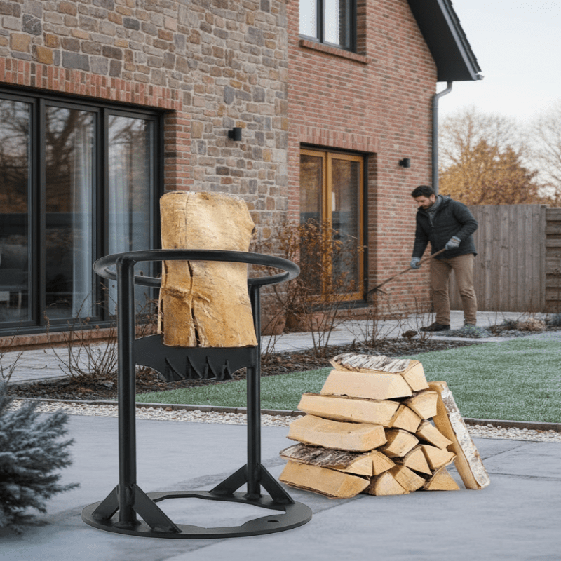Safe cast iron firewood splitter for easy kindling & log splitting; heavy-duty outdoor tool for winter prep.