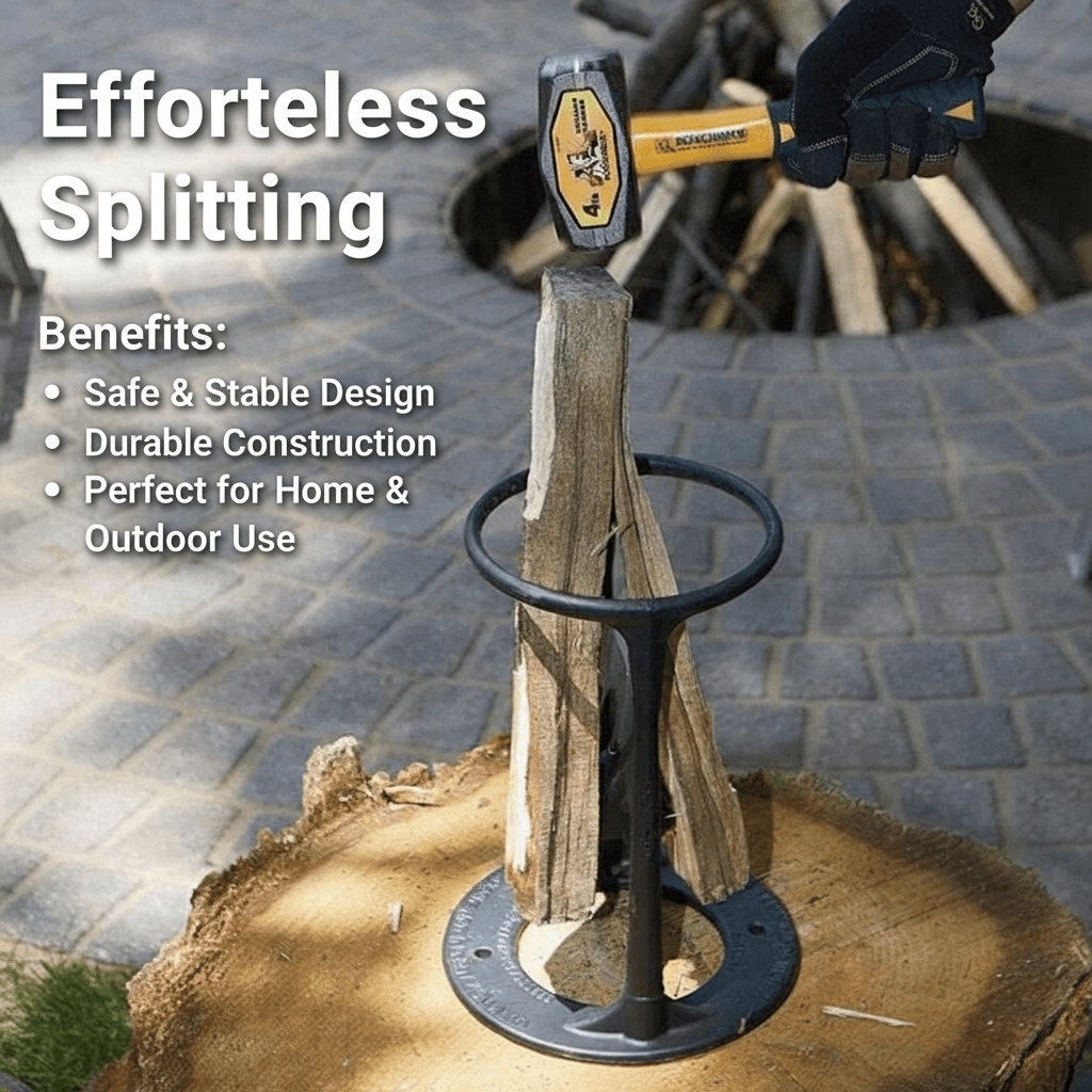 Heavy-duty cast iron log splitter, a safe tool for camping, outdoor living, and efficient winter wood prep.