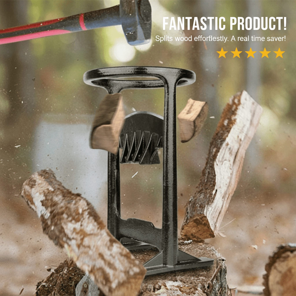 Efficient cast iron firewood splitter, a safe & heavy-duty tool for fast kindling and winter wood preparation.