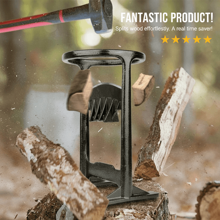 Efficient cast iron firewood splitter, a safe & heavy-duty tool for fast kindling and winter wood preparation.