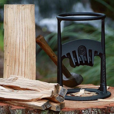 Durable cast iron firewood splitter, a safe and essential tool for simple wood splitting and winter kindling.
