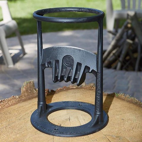 Safe & heavy-duty cast iron firewood splitter for easy kindling. Essential winter wood prep tool & camping gear.