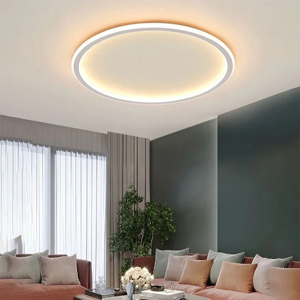 Dimmable Scandinavian LED ceiling light installed, providing energy-efficient, warm illumination for modern living rooms.