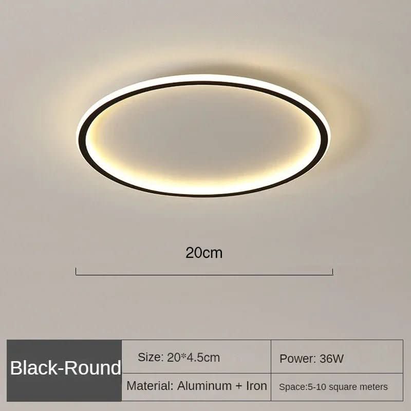 Close-up of a modern minimalist Scandinavian LED ceiling light, a stylish & dimmable fixture for any home decor.