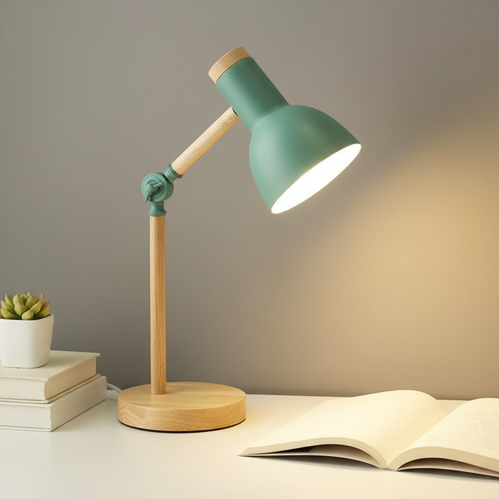 Scandinavian wood & metal desk lamp, modern Nordic design, adjustable head for home or office.