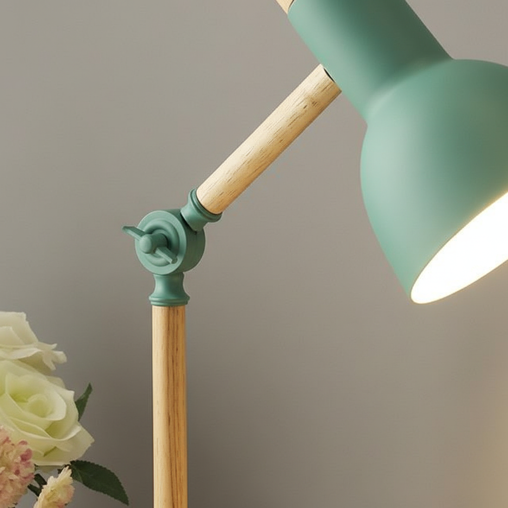 Minimalist Nordic wood & metal desk lamp with adjustable arm, adds modern style to any space.