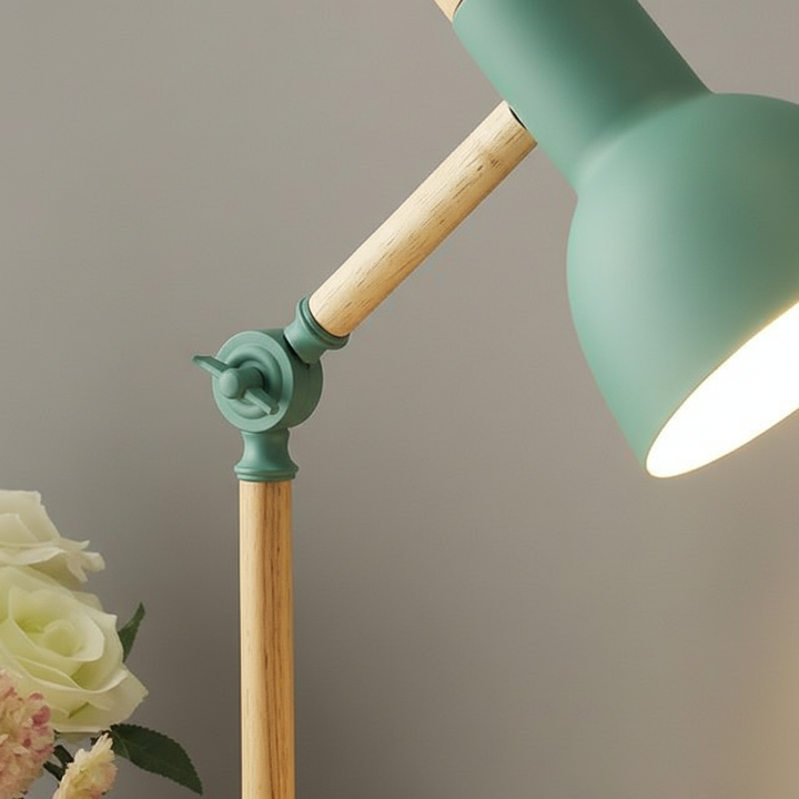 Minimalist Nordic wood & metal desk lamp with adjustable arm, adds modern style to any space.