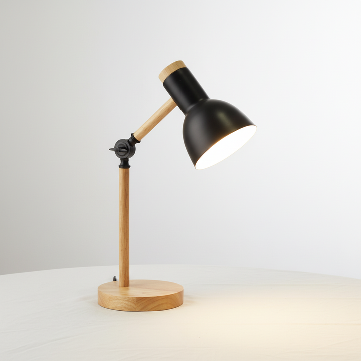 Sleek wood & metal Scandinavian desk lamp, modern design for effective task lighting.